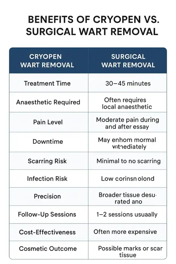 Table showing the benefits of cryopen to remove warts sc compared to surgical treatment